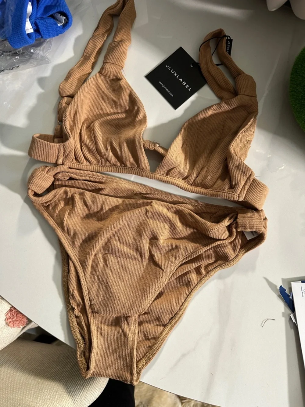 JLUXLABEL Ribbed Tan Bandeau Bikini Set - Picture 1 of 1
